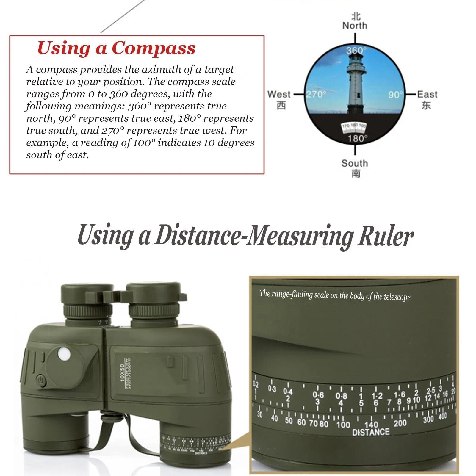 Jumelles 10 × 50 avec Boussole Étanche À Fort Grossissement, Télémètre Haute Définition Vision Nocturne À Faible Luminosité Idéales pour Les Activités De Plein Air La Navigation De Plaisance(Noir,10)