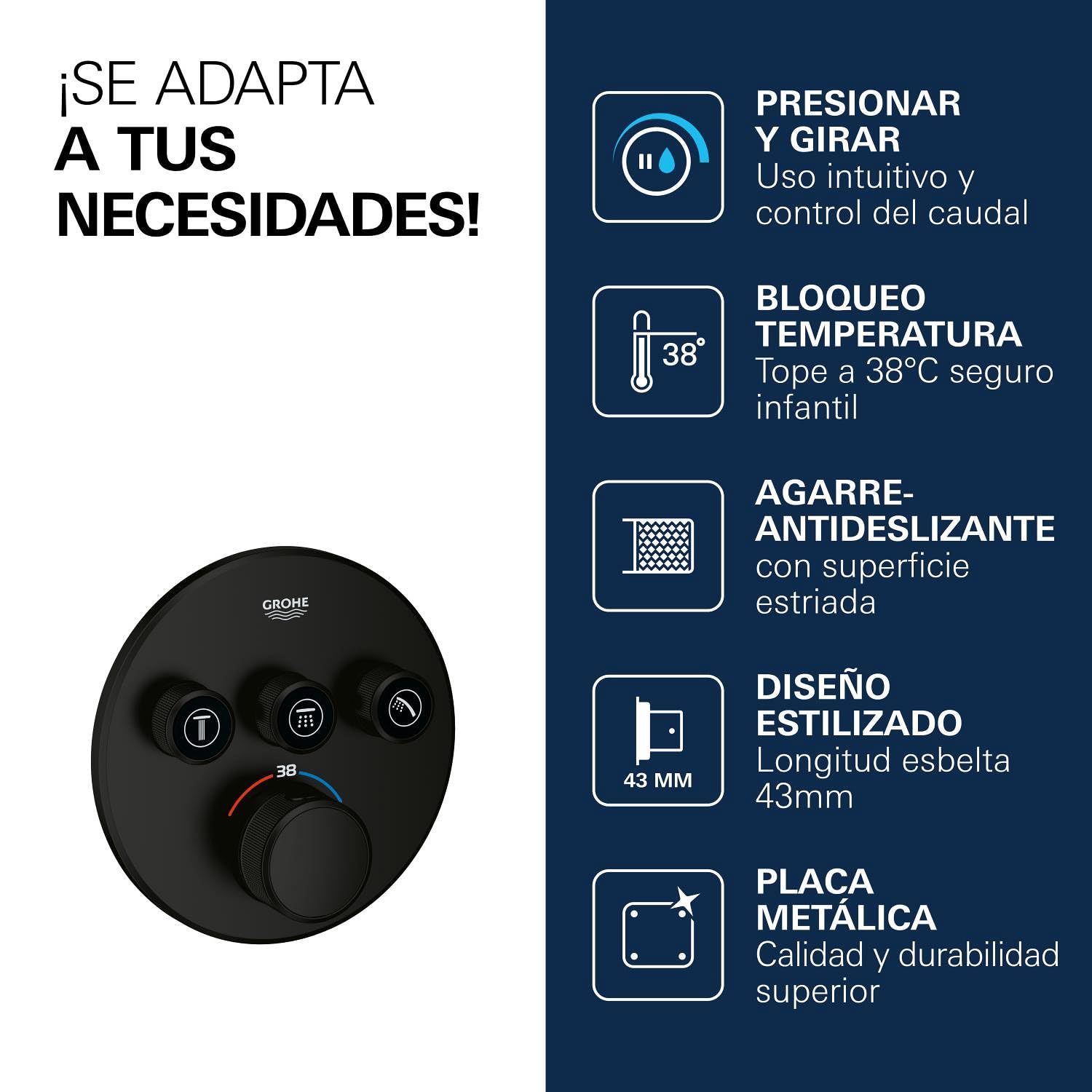 GROHE Grohtherm SmartControl - Termostato empotrado 3 válvulas (control pulsador, botón seguridad 38°C, sin cuerpo empotrado), diseño redondo, negro mate, 291212430
