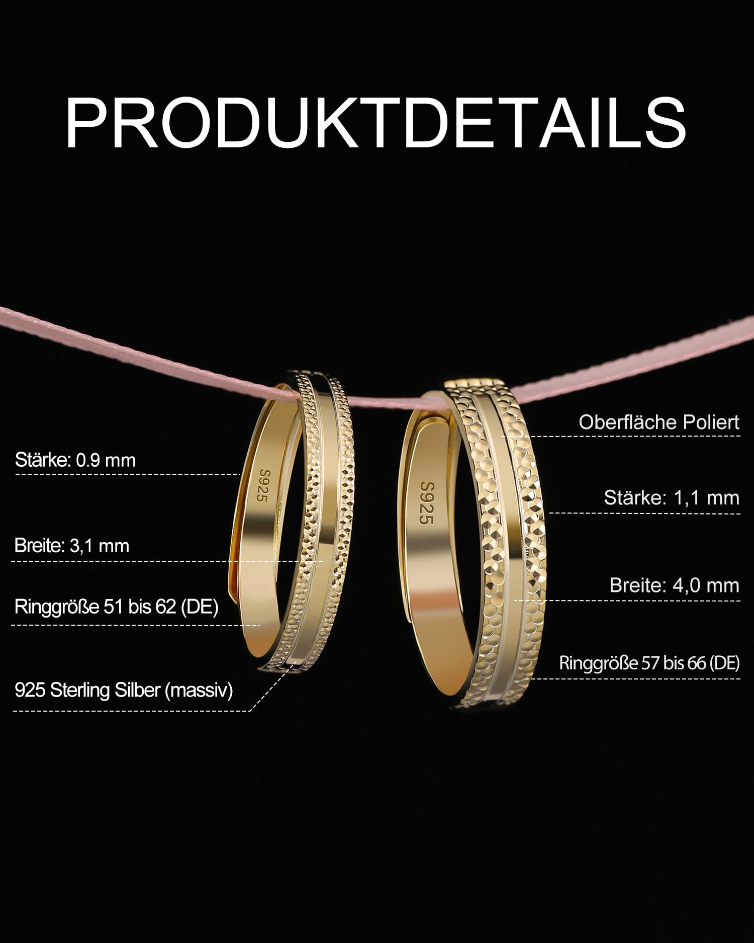 Meissa Partnerringe 925 Sterling Silber, Verstellbare Paarringe für Damen und Herren Elegante Eheringe Trauringe mit Struktur Design Freundschaftsringe Verlobungsringe Geschenk für Paare