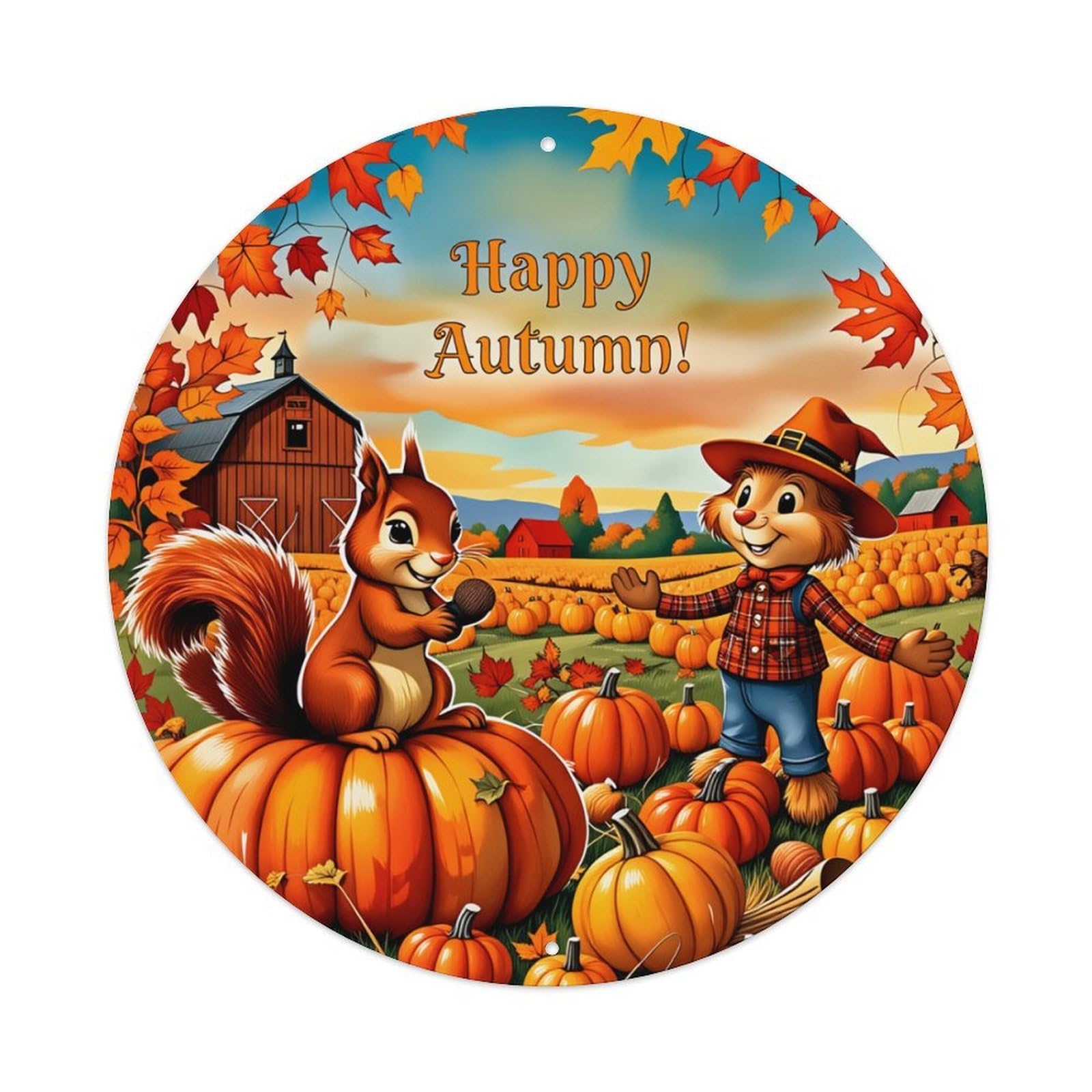 Autumn Squirrel Pumpkin Harvest Scene Round Tin Sign Retro Metal Sign for Cafe Bar Pub Home Game Room Gym Club Wall Decoration Vintage Metal Poster 8x8 Inch