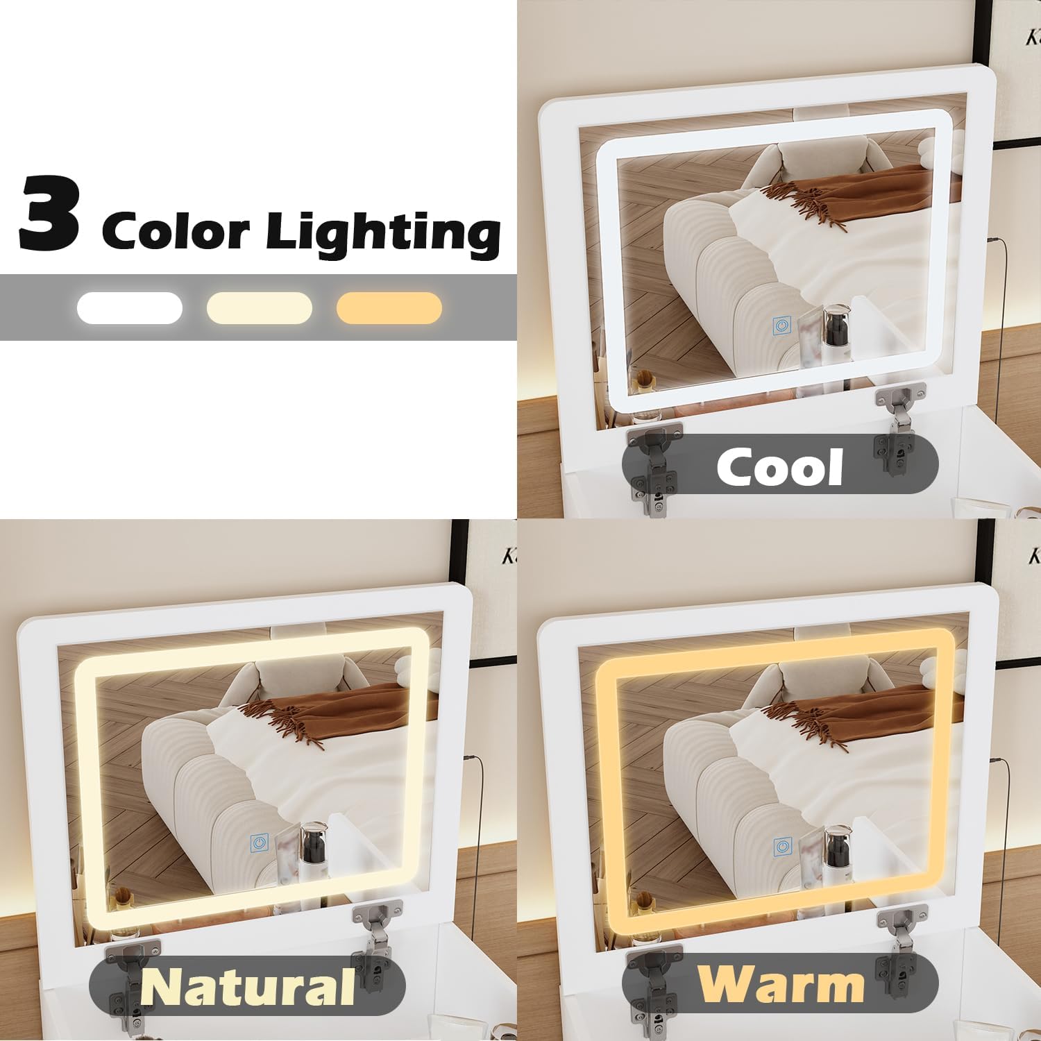 Tre immagini che mostrano le luci dello specchio del trucco nelle temperature di colore freddo, naturale e caldo