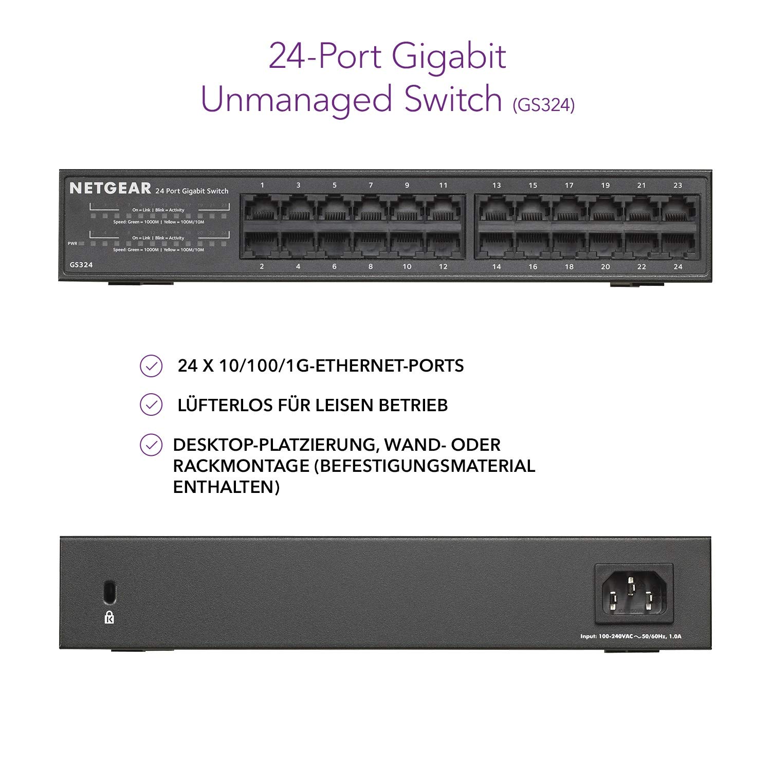 Netgear GS324 Switch 24 Port Switch Gigabit Ethernet (Plug-and-Play Netzwerk Switch, LAN Switch für Desktop oder 19 Zoll Rack-Montage, energieeffizient, lüfterloses Metallgehäuse)