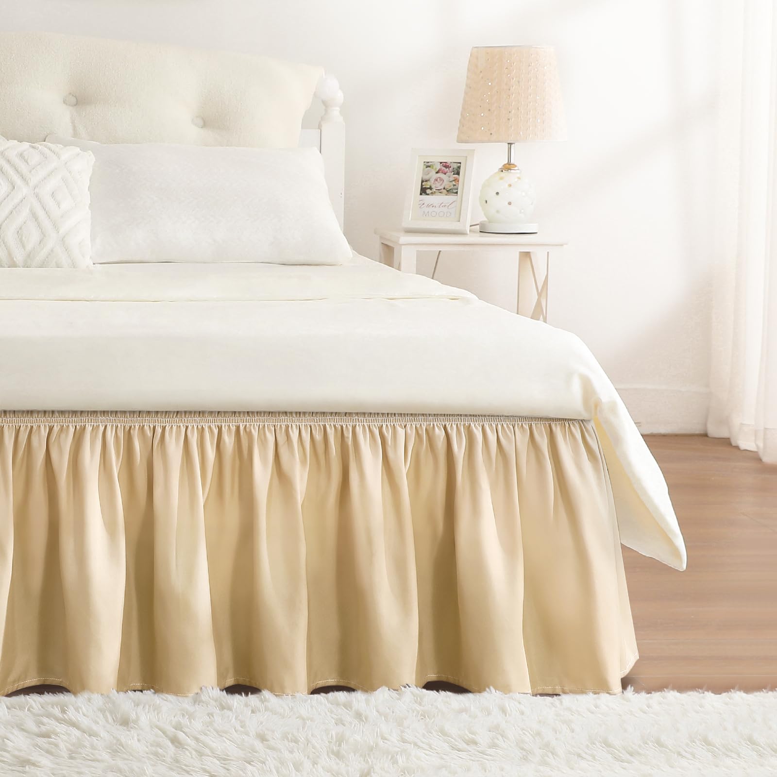 Beige Bed Skirt Queen Size 15 Inch Drop, Elastic Wrap Around Bedskirt