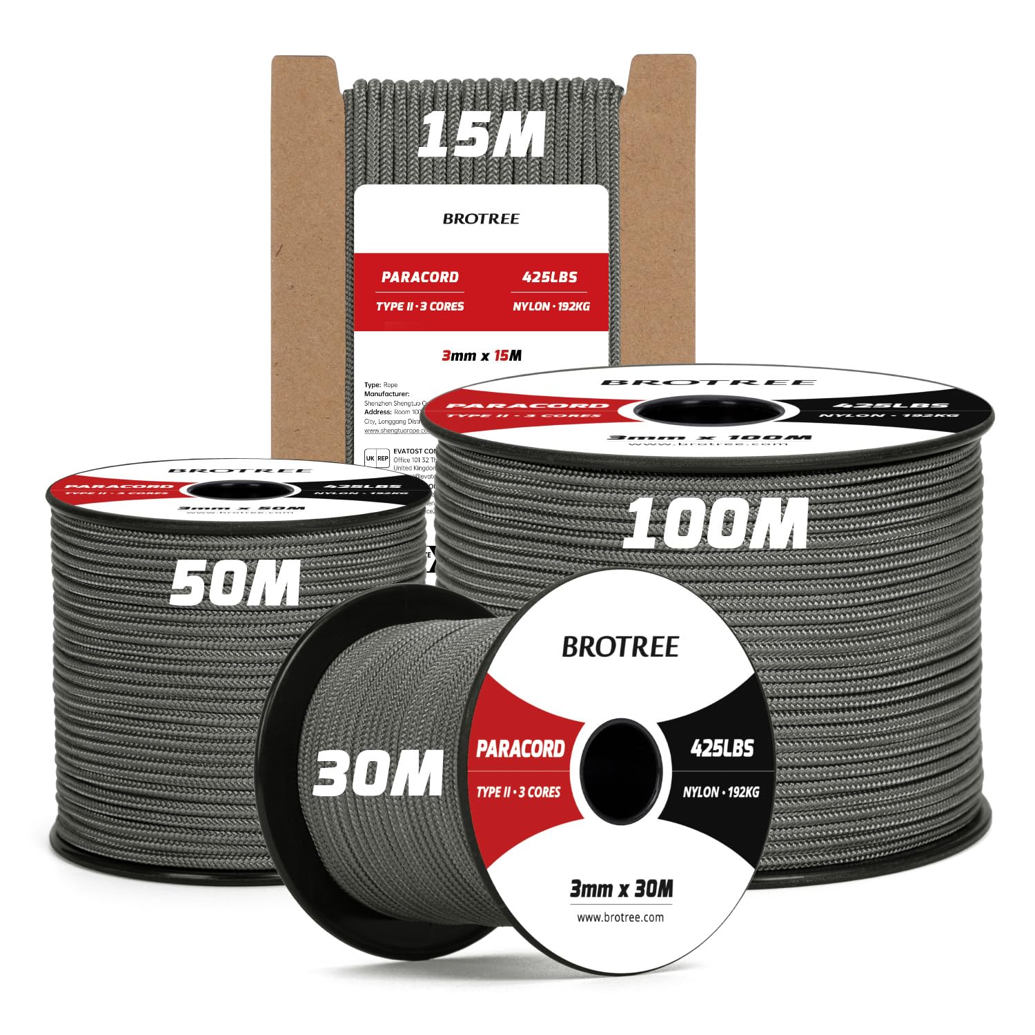 Brotree 3mm Paracord 425 100% Nylon 30M Rope 3 Strands Parachute Cord