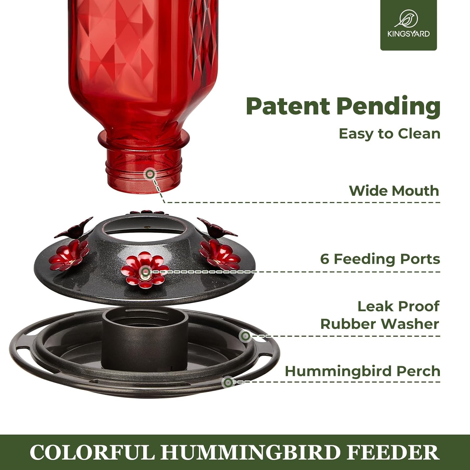 Kingsyard Glass Hummingbird Feeder for Outdoor Hanging, 24 Ounces, 6 Feeding Ports, Bird Nectar Feeder for Garden Décor, Ant Moat Included, Red - Image 3