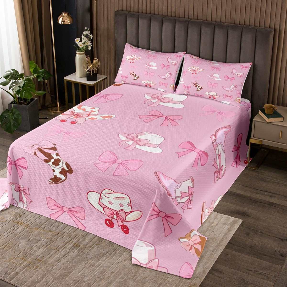 Castle Fairy Cowgirl Bowknot Bedspread for Kids Boys,Princess Kawaii Pink Bow Tie Coverlet Set Bedroom Decor Soft Quilted,Western Cowboy Boots Hat Print Quilt Set with 1 Pillow Sham, Twin Size