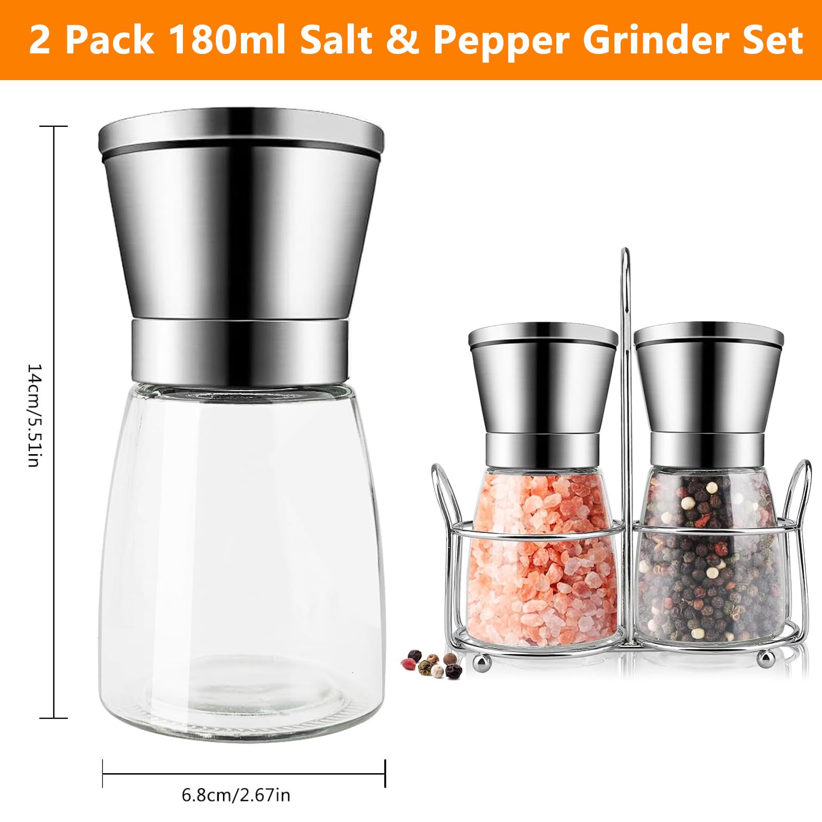 Macinatore Per Spezie 2 Pezzi Macinapepe E Sale, Macinapepe Trasparente Manuale, Set Macina Sale E Pepe, Con Macina In Ceramica Regolabile Per Grana Fine O Grossolana, 180ml*2