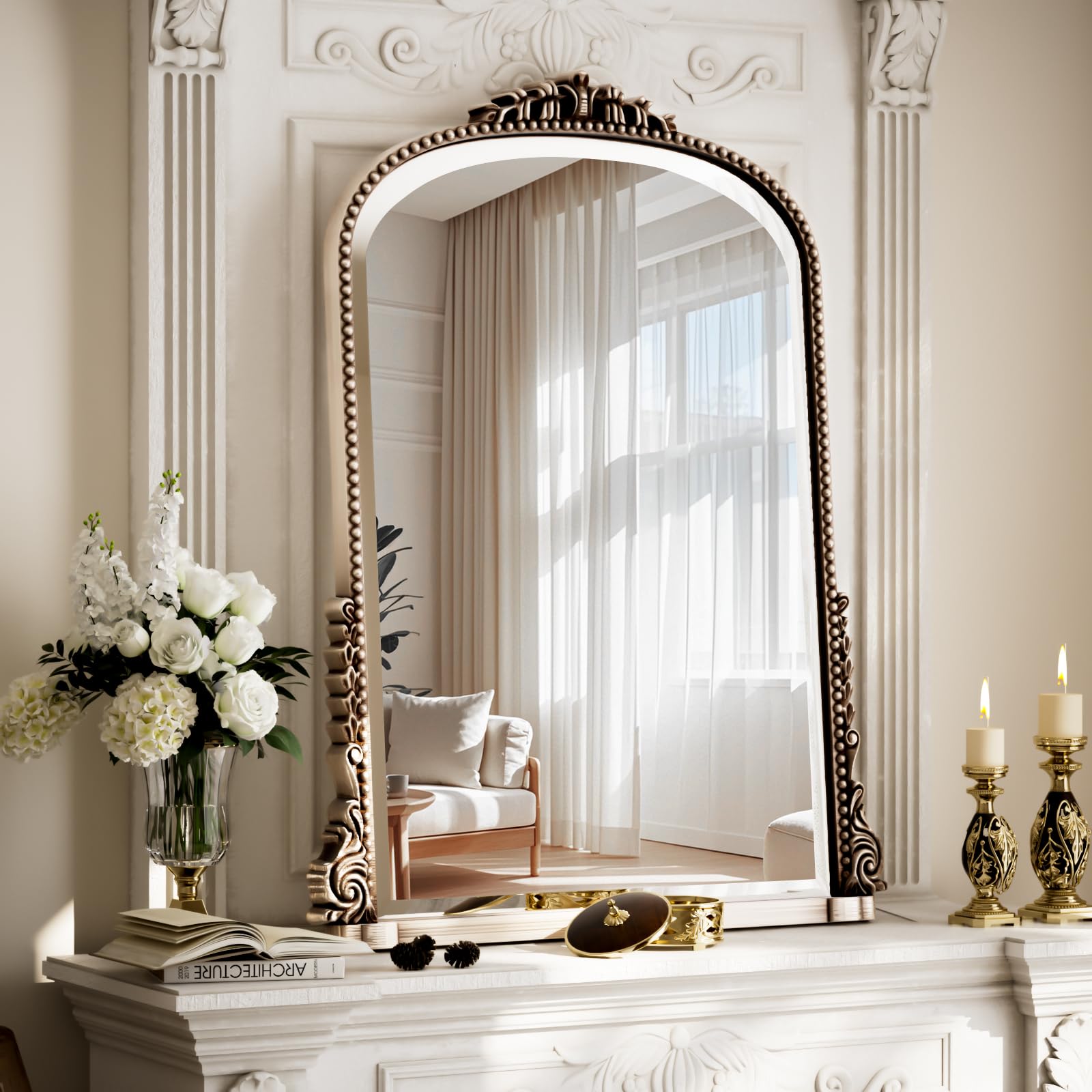 32x24 Beaded Arched Mirror, Bathroom Mirror for Over Sink, Metal Frame Wall Decor for Entryway, Bedroom, Living Room, Silver
