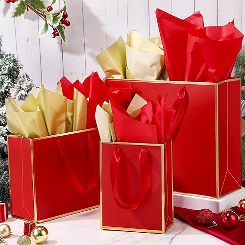 Miniatura 5 de Yeaqee 12 juegos de bolsas de regalo de papel metálico con asa de papel de seda que incluyen 8, 10 pulgadas, 13 pulgadas, bolsas de regalo de