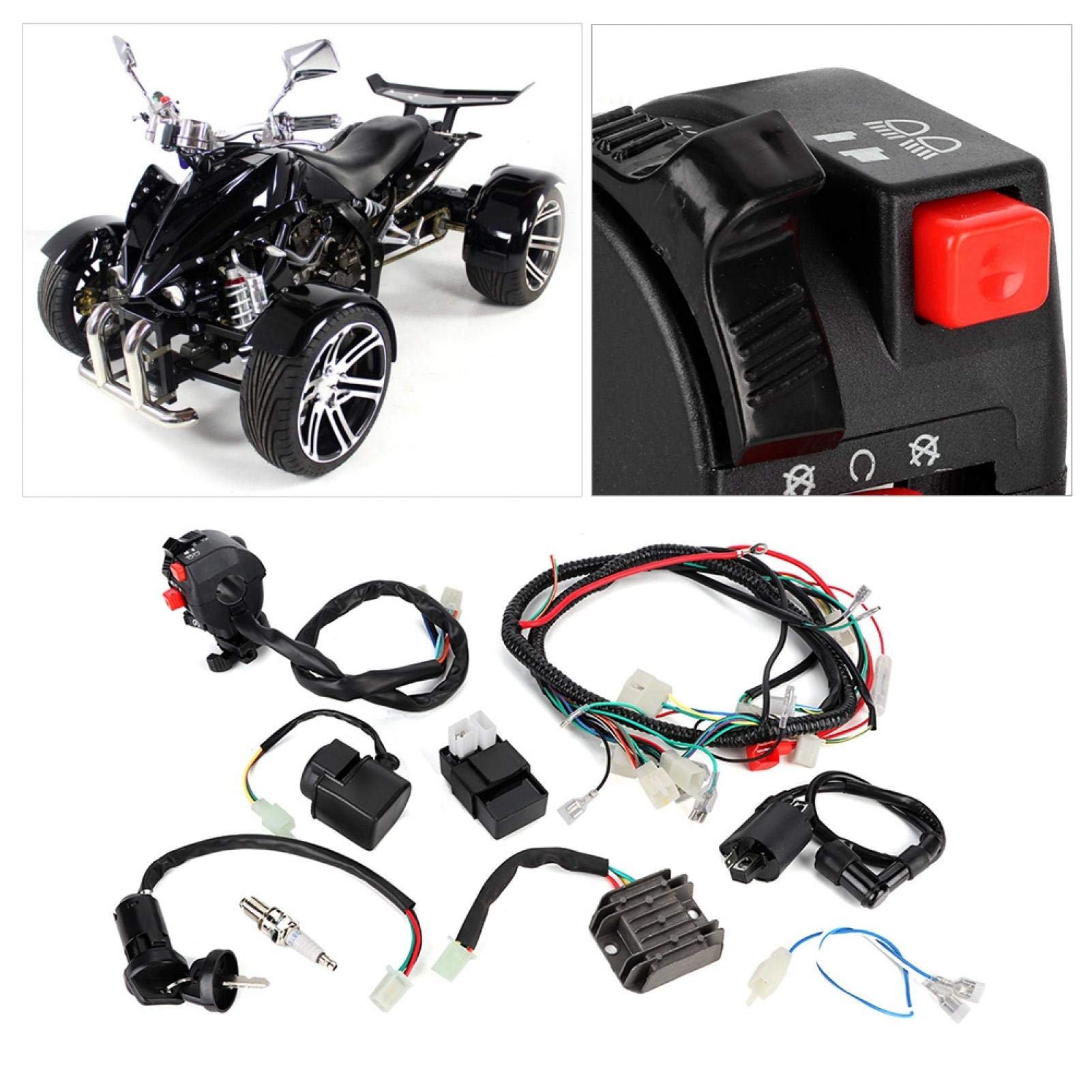 Kit Completo di Cablaggio Quadruplo Kit di Cablaggio Elettrico ATV con Relè Solenoide Interruttore di Accensione CDI per Quad ATV 200-300cc