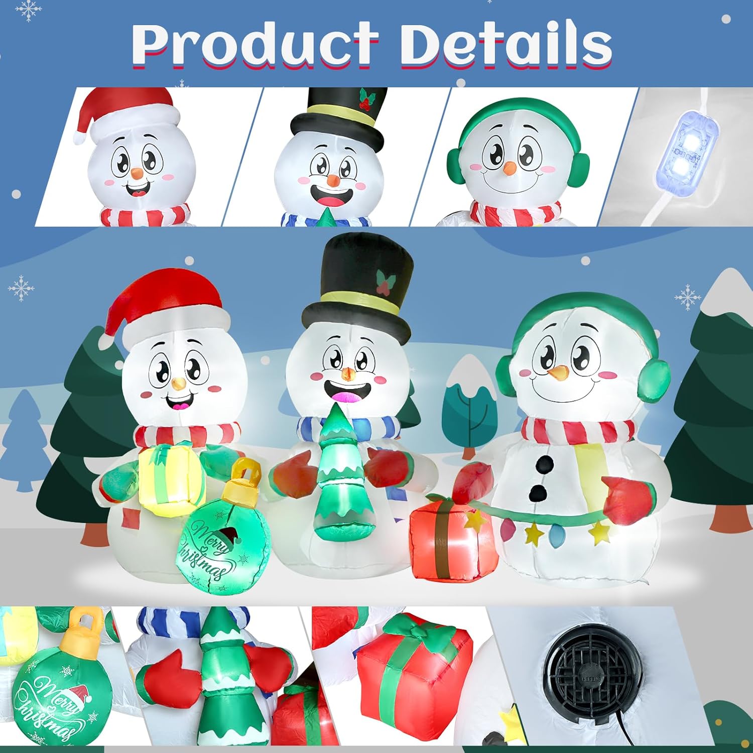 6 FT Long Christmas Inflatable Decoration Snowman with Tree Gifts Coloured Ribbon, 3 Pack Small Snowman with Built-in LEDs Lights Christmas Blow Up Yard Xmas Party Outdoor Garden Lawn Winter Decor