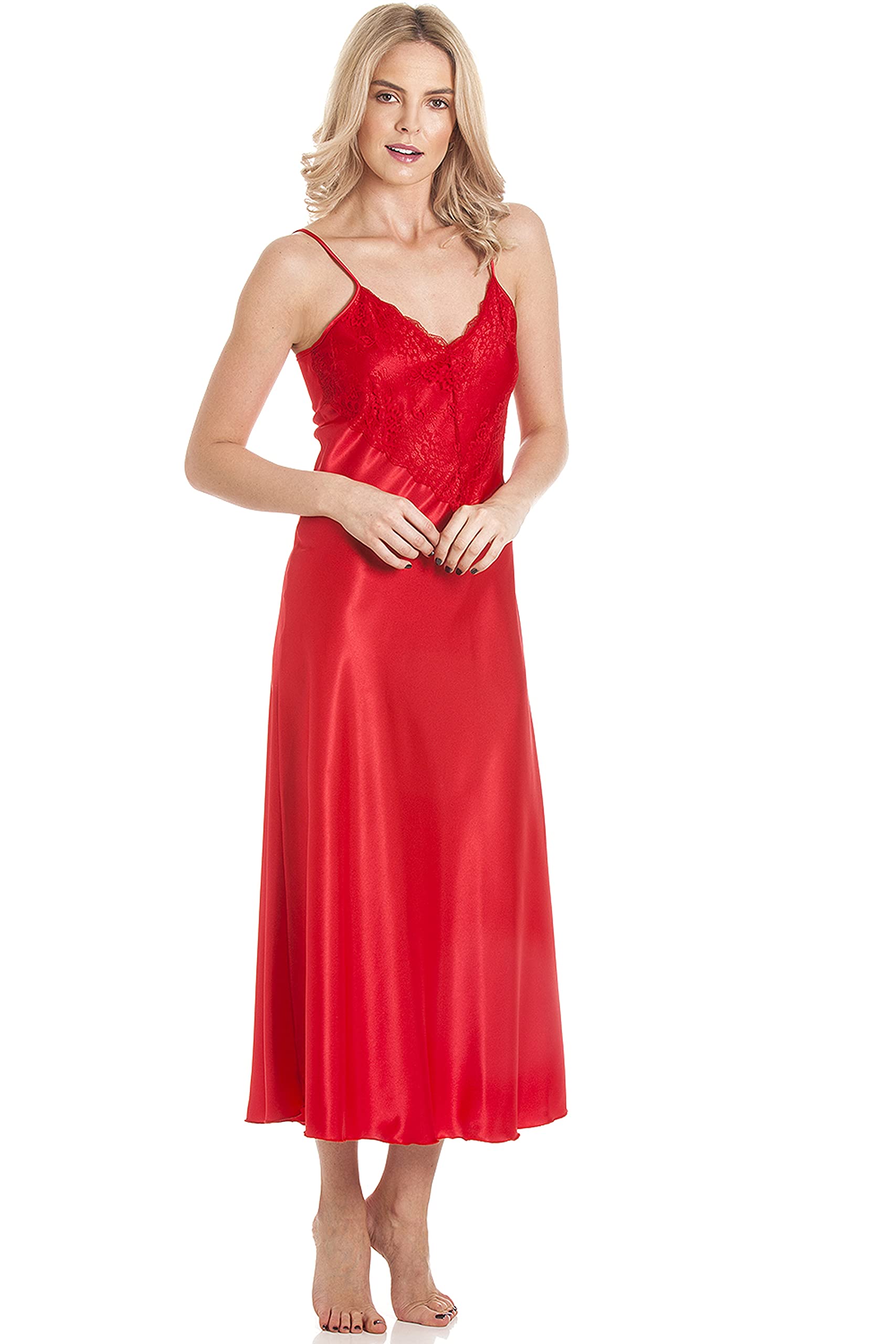 Ozmoint English Made Satin Strap Long Nightdress with Deep Lace Detail by Lady Olga (N50) (10-12, RED)