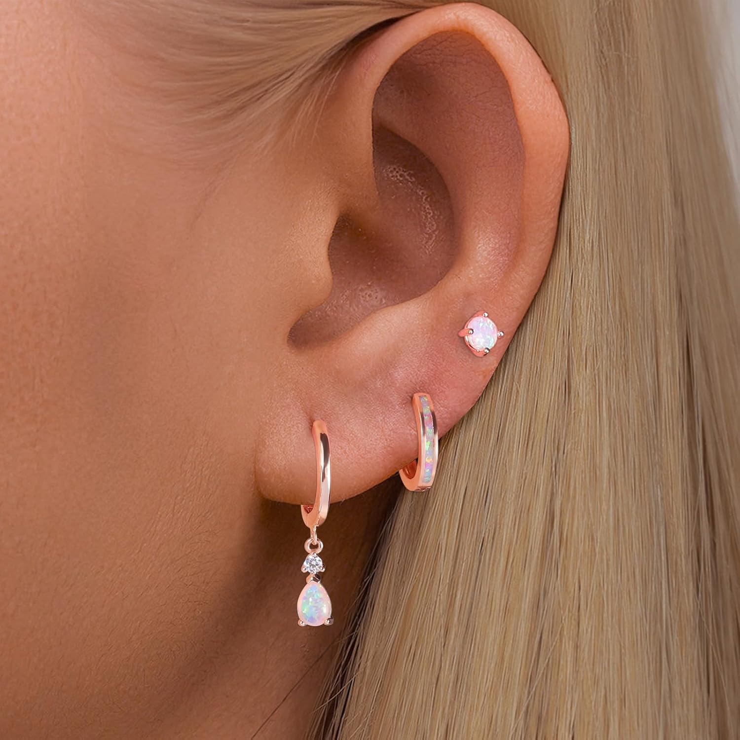 CiNily Opal Earrings Set for Women Hypoallergenic, Opal Stud Huggie Hoop Earrings Silver/Rose Gold Plated Dainty Hoop Huggie Silver Dangle Earring Stacks, Gold Jewelry - Image 3