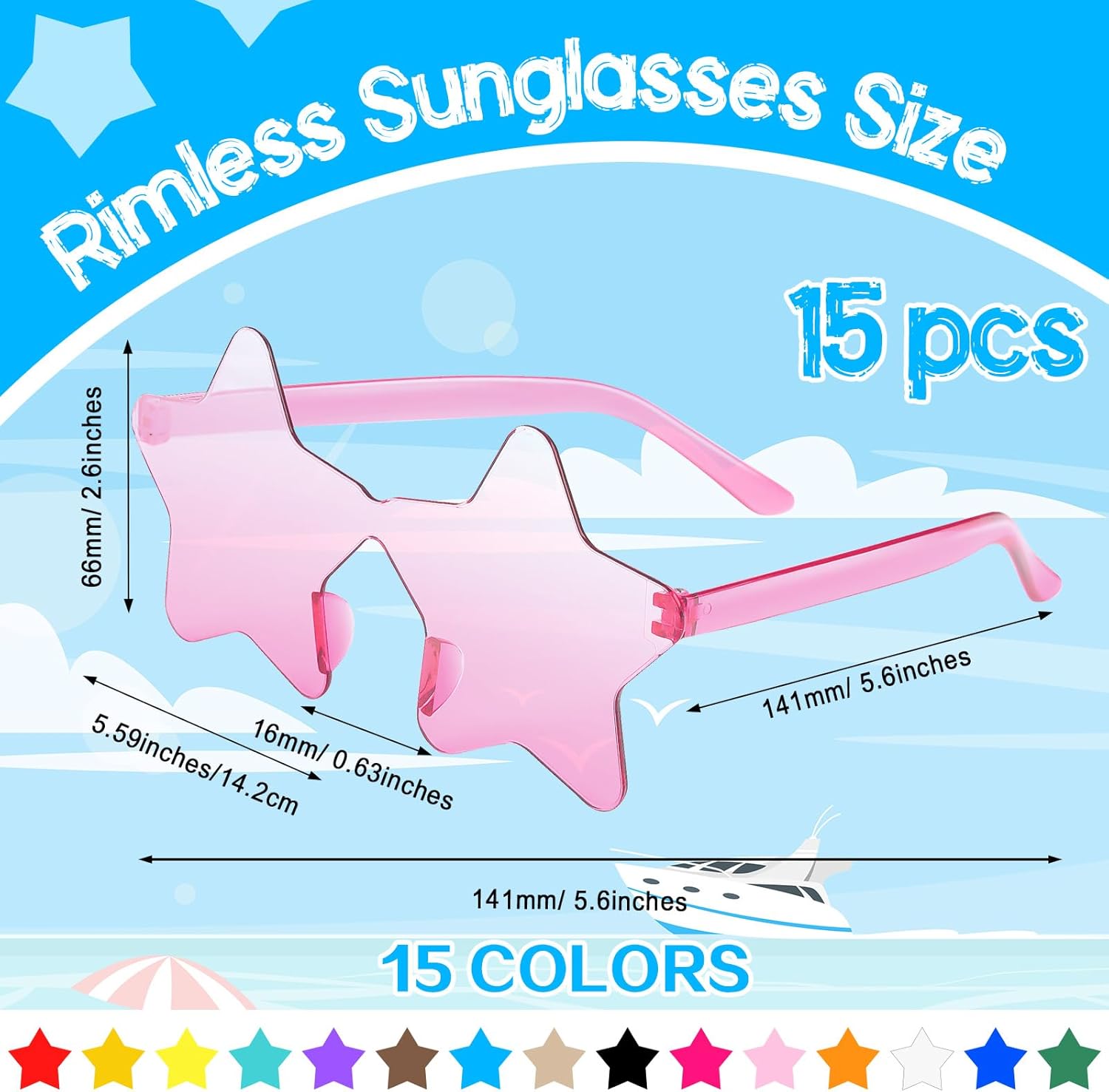 PLULON 15 Pairs Star Sunglasses Rimless Star Shape Sunglasses, Colorful Star Glasses Bulk Bachelorette Sunglasses Star Party Favors for Birthday Beach Kids Adult - Multicolor - Image 2
