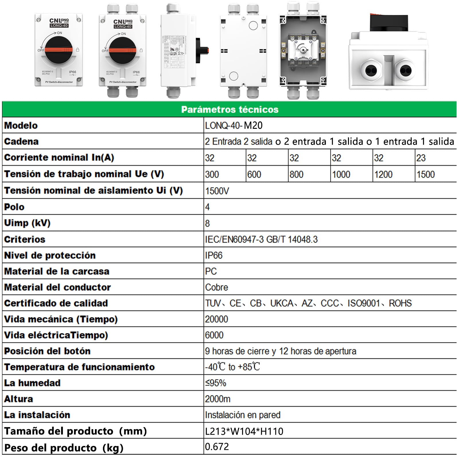 Disyuntor Fotovoltaico DC1200V 32A 1 o 2 Cuerdas IP66, Interruptor de Desconexión Solar para Paneles Solares, Sistemas Off/Grid, RVs, Barcos