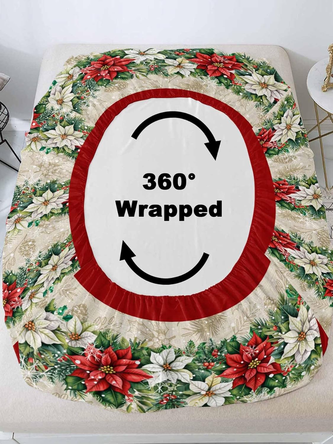 King Fitted Sheet Deep Pocket Bed Sheets with Elastic,Xmas Poinsettia Floral Berry Vintage Flower Back Soft Brushed Microfiber Bed Sheet Set,Christmas Holly Leaf Mattress Cover with 2 Pillowcase