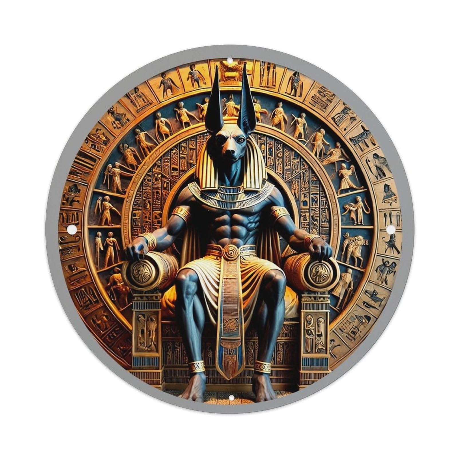 Egyptian God Anubis Throne Retro Metal Sign Round Tin Sign, Vintage Decor Art Poster for Bar, Home, Man Cave, Kitchen, Laundry Room Gift 8x8Inch