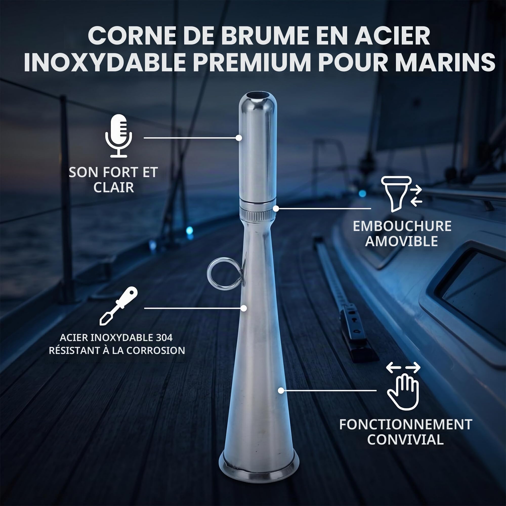 Corne de Brume Portative Manuelle en Acier Inoxydable, 150 dB, Embout Amovible, pour Bateaux, Camions, Trains