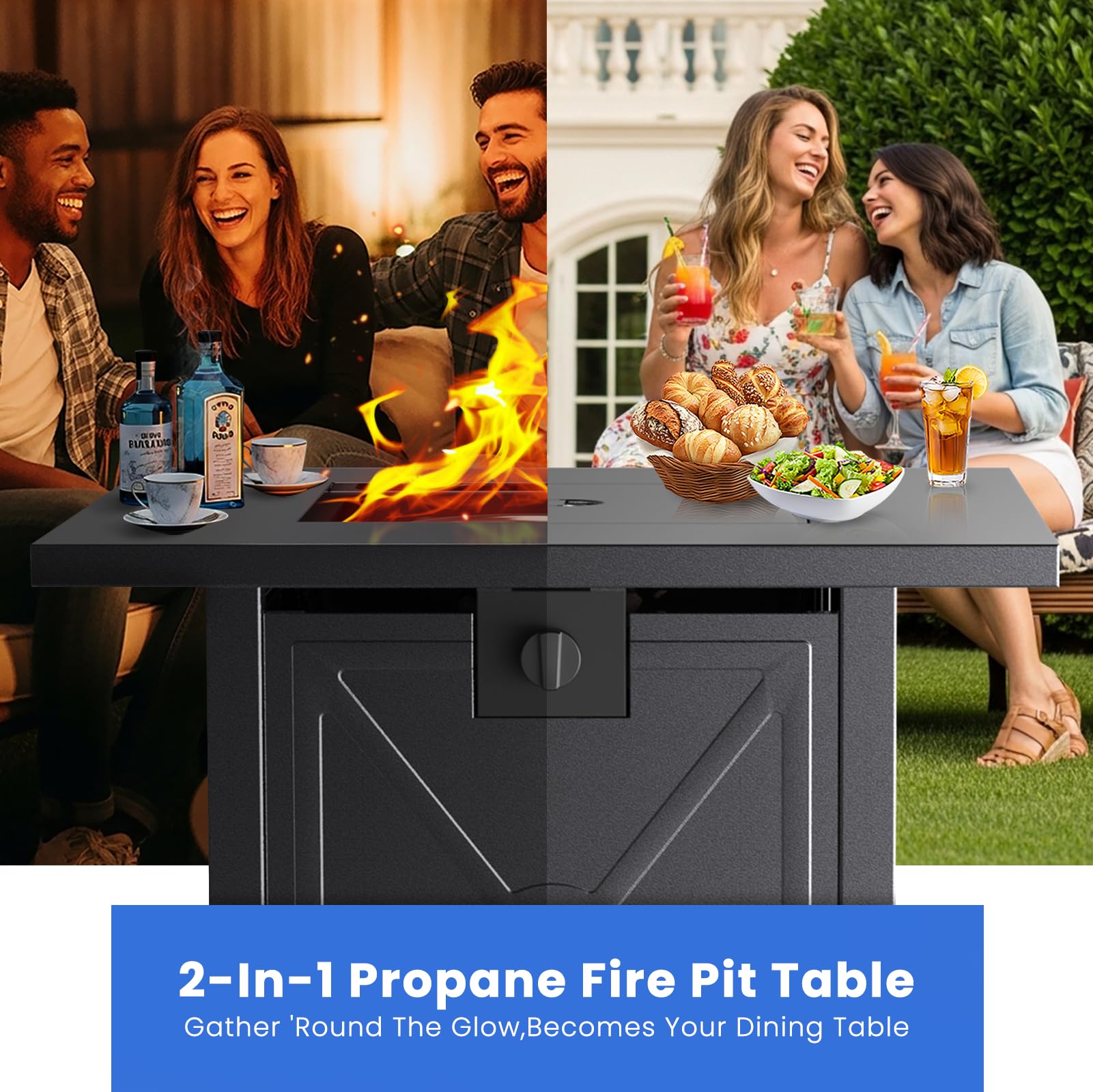 R.W.FLAME Chimenea para exterior de 28 pulgadas cuadrada de metal para fogatas – Mesa de propano con rocas de lava, cuenco de acero para picnic, chimenea de jardín de patio hoguera, 40000 BTU