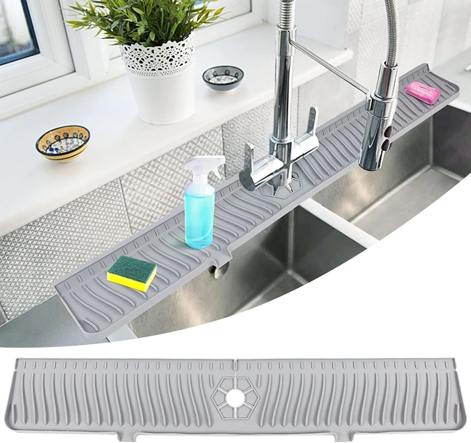 CENXI Sink Splash Guard, 30" Sink Faucet Mat, Faucet Splash Guard, Slope Upgrade Silicone Faucet Handle Drip Catcher Tray for Kitchen Countertop, Bathroom (Gray)