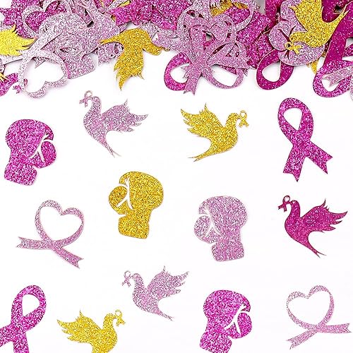 200 piezas de confeti de concientización sobre el cáncer de mama, cintas rosadas, palomas, confeti de papel con purpurina para mujeres y niñas,