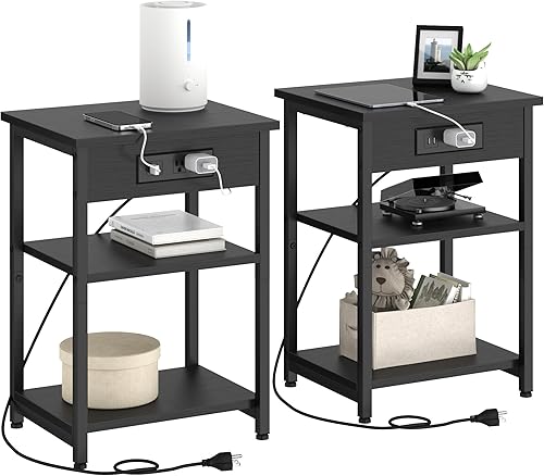 Miniatura 1 de Juego de 2 mesas auxiliares con estación de carga, puertos USB, 3 niveles altos con estantes de almacenamiento, soporte para tocadiscos, mesa