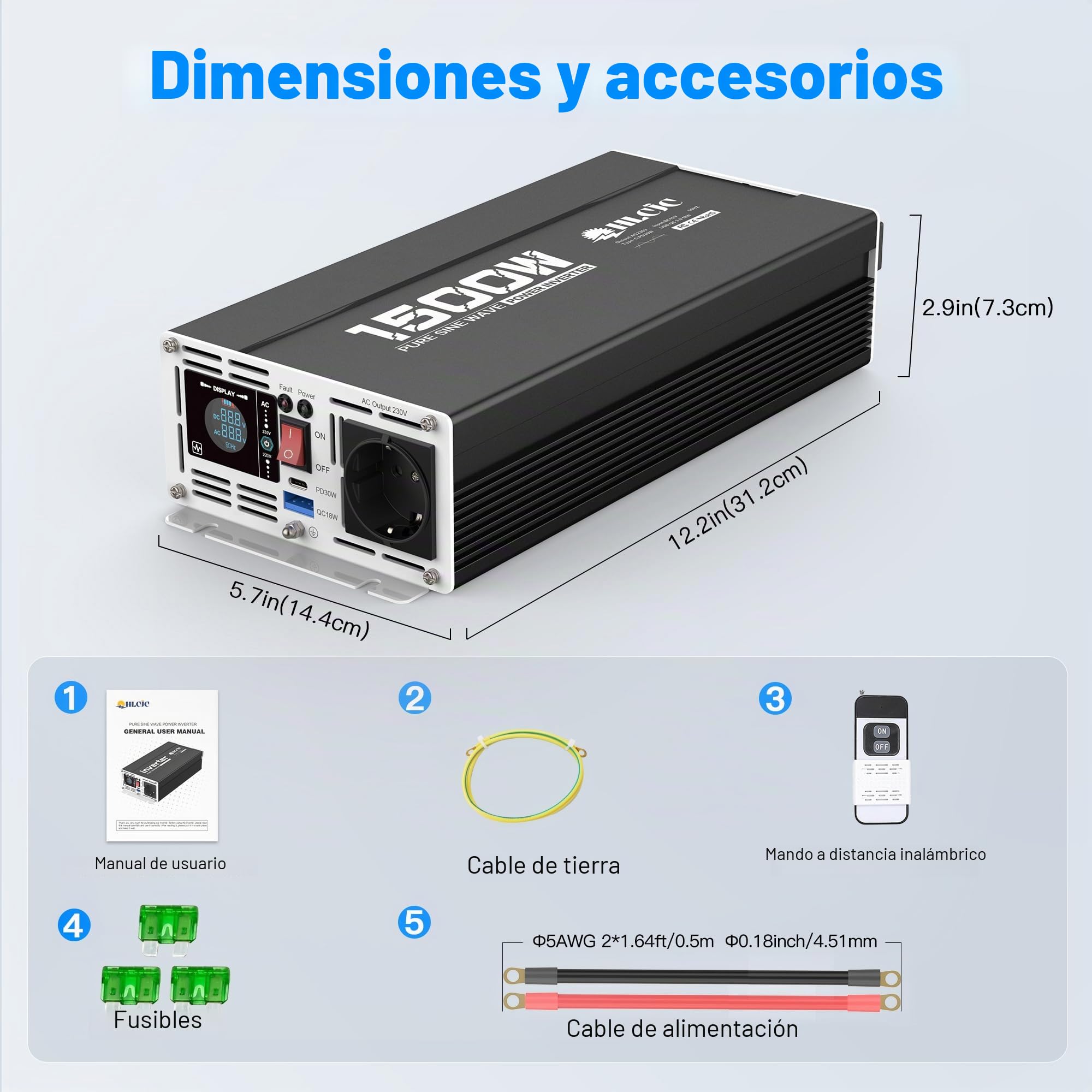 Inversor de corriente sinusoidal puro de 1500 W/3000 W, 12 V a 230 V, 1 enchufe europeo, con 1 x PD 30 W USB-C, 1 x QC 3.0 18 W USB-A de carga rápida, pantalla LCD para autocaravana, camión