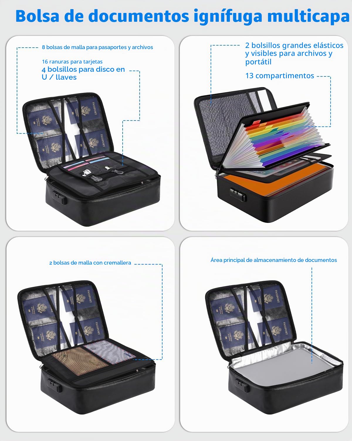Caja Fuerte Ignífuga con Cerradura, Organizador de Documentos Importantes, Resistente al Agua, Maletín Portátil para Documentos con Bolsa Organizadora de Varias Capas para Archivos, Pasaporte