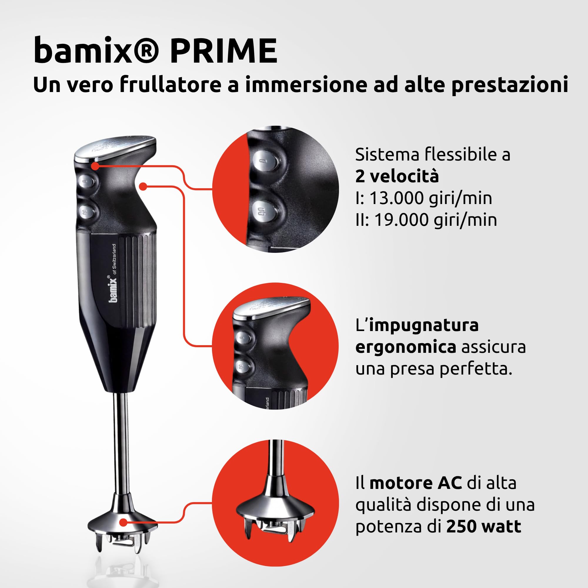 bamix Frullatore a immersione sbattitore M250 PRIME incl. lama multiuso, frusta, frullino in acciaio inox, 250 watt, 2 velocità, Made in Switzerland, Nero/cromo