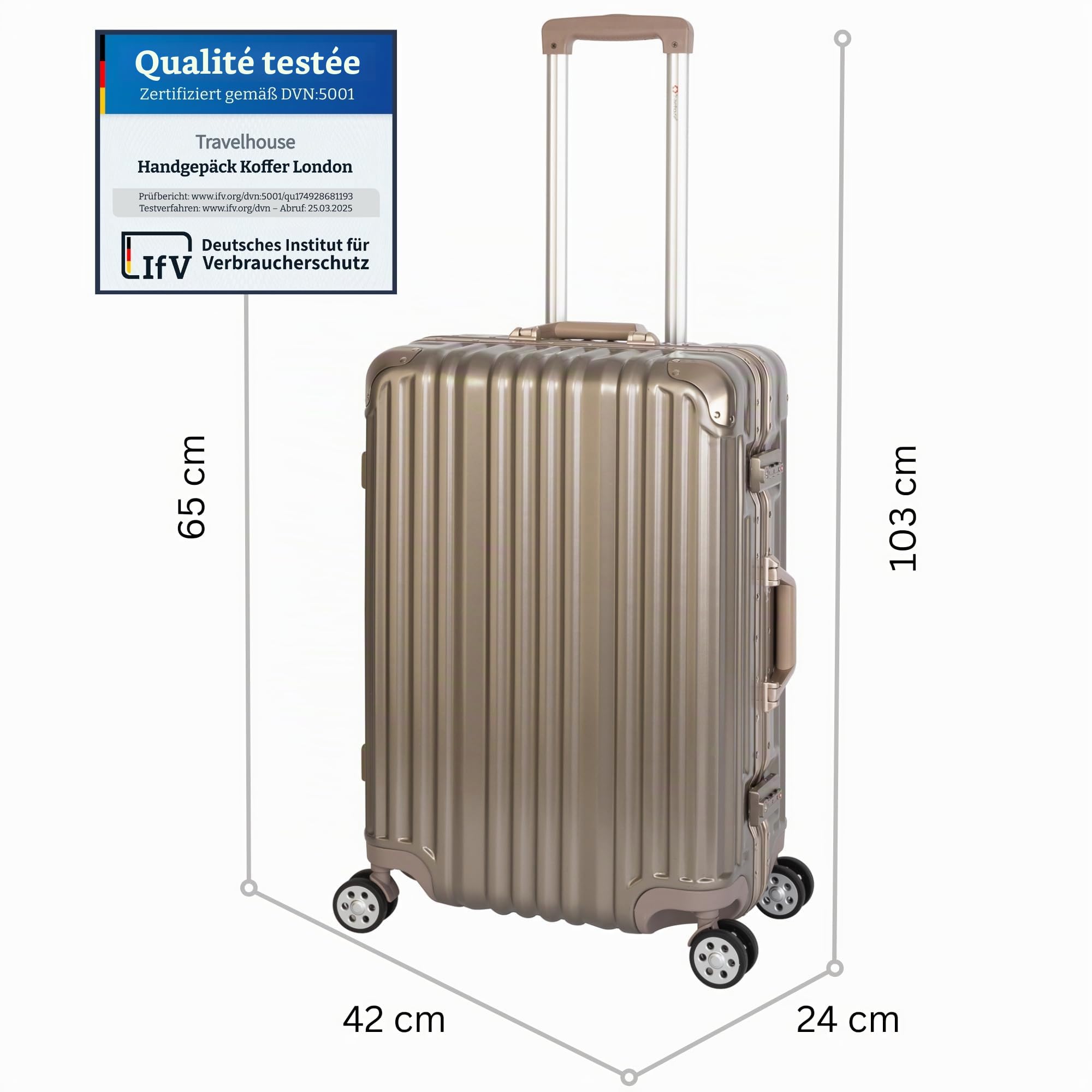 Travelhouse London T1169 Valise rigide à roulettes avec cadre en aluminium Différentes tailles et couleurs, or, Mittelgroßer Koffer