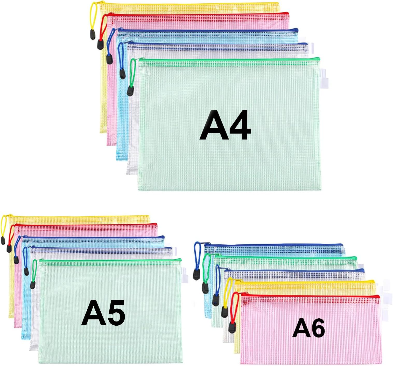 15 Pcs Plastic Wallets, A4 A5 A6 Zip Lock Bags Size,Waterproof Plastic Pockets Zipper Mesh Document Folders Wallet Zipper Bags for Office Homework School Supplies Travel Files Storage Bags (5 Colors)