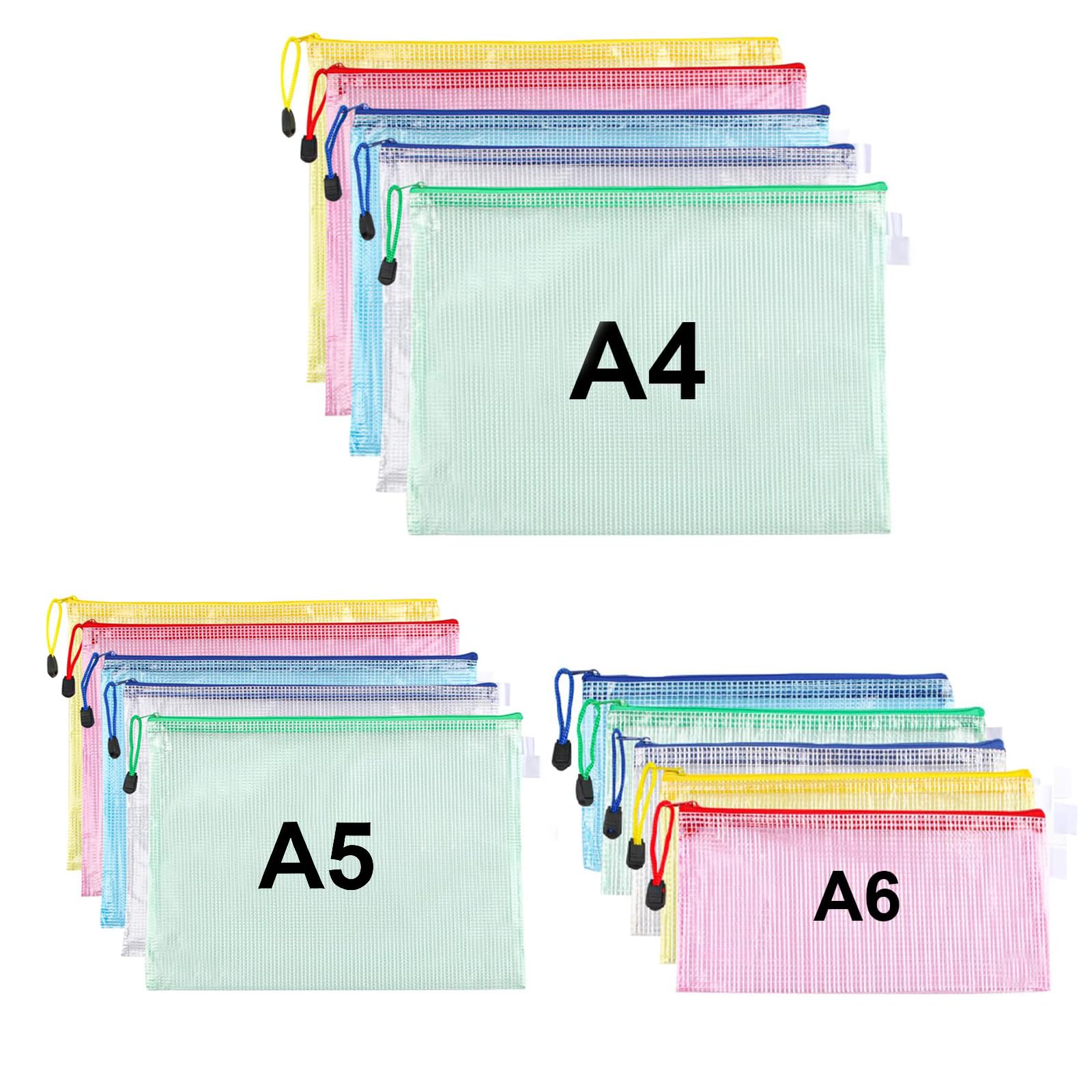 15 Pcs Plastic Wallets, A4 A5 A6 Zip Lock Bags Size,Waterproof Plastic Pockets Zipper Mesh Document Folders Wallet Zipper Bags for Office Homework School Supplies Travel Files Storage Bags (5 Colors)