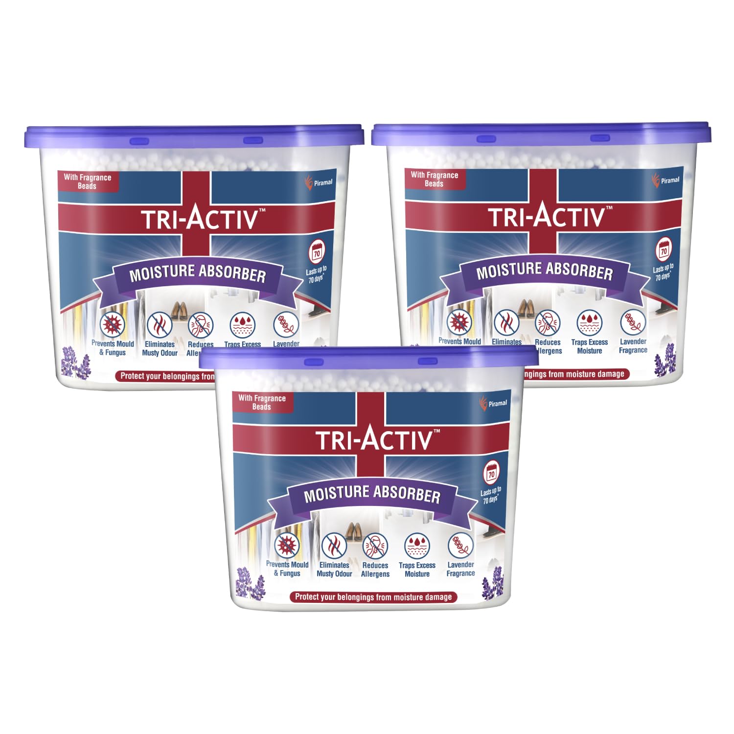 Tri-Activ Moisture Absorbers | Dehumidifier For Wardrobe, Closet, Shoe Rack | Absorption Capacity upto 600ml Each (Lavender, Pack of 3)