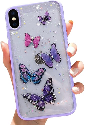 Funda transparente de mariposa compatible con iPhone X iPhone Xs, con purpurina para mujer, bonita, delgada, suave, antideslizante, funda protectora