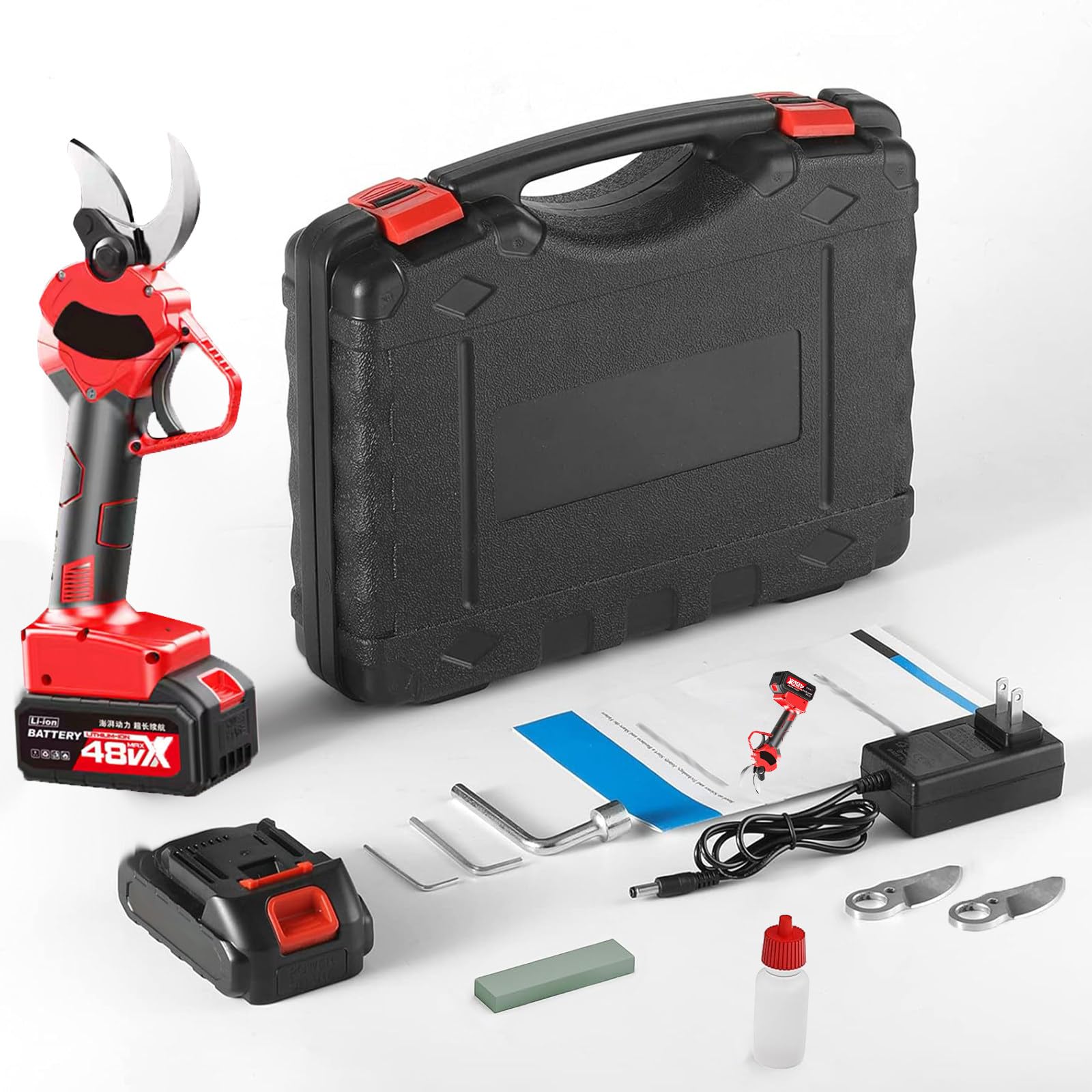 Tijeras de Podar EléCtricas, Podadora de áRboles InaláMbrica de 1,37 Pulgadas de DiáMetro de Corte con 2 BateríAs Recargables de 1,5 Ah y 2 Cuchillas, Podadora de JardineríA,incision 3.0-3.5cm-110V