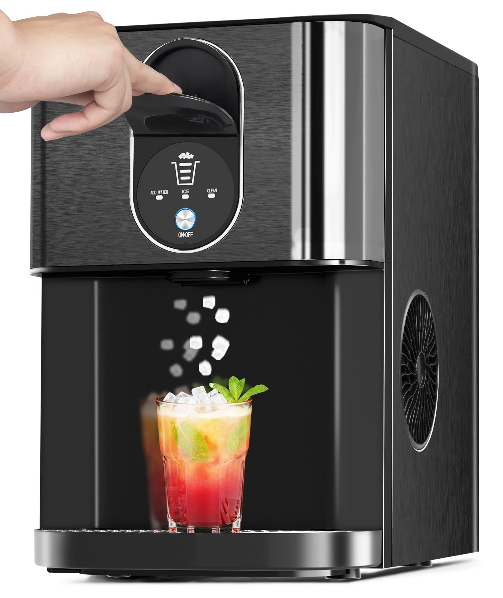 Máquina para hacer hielo en pepitas de 20 kg, 24 horas de funcionamiento, dispensador de hielo en bolitas masticables suaves con depósito de agua, autolimpiable, para el hogar, la cocina y la oficina, color negro inoxidable