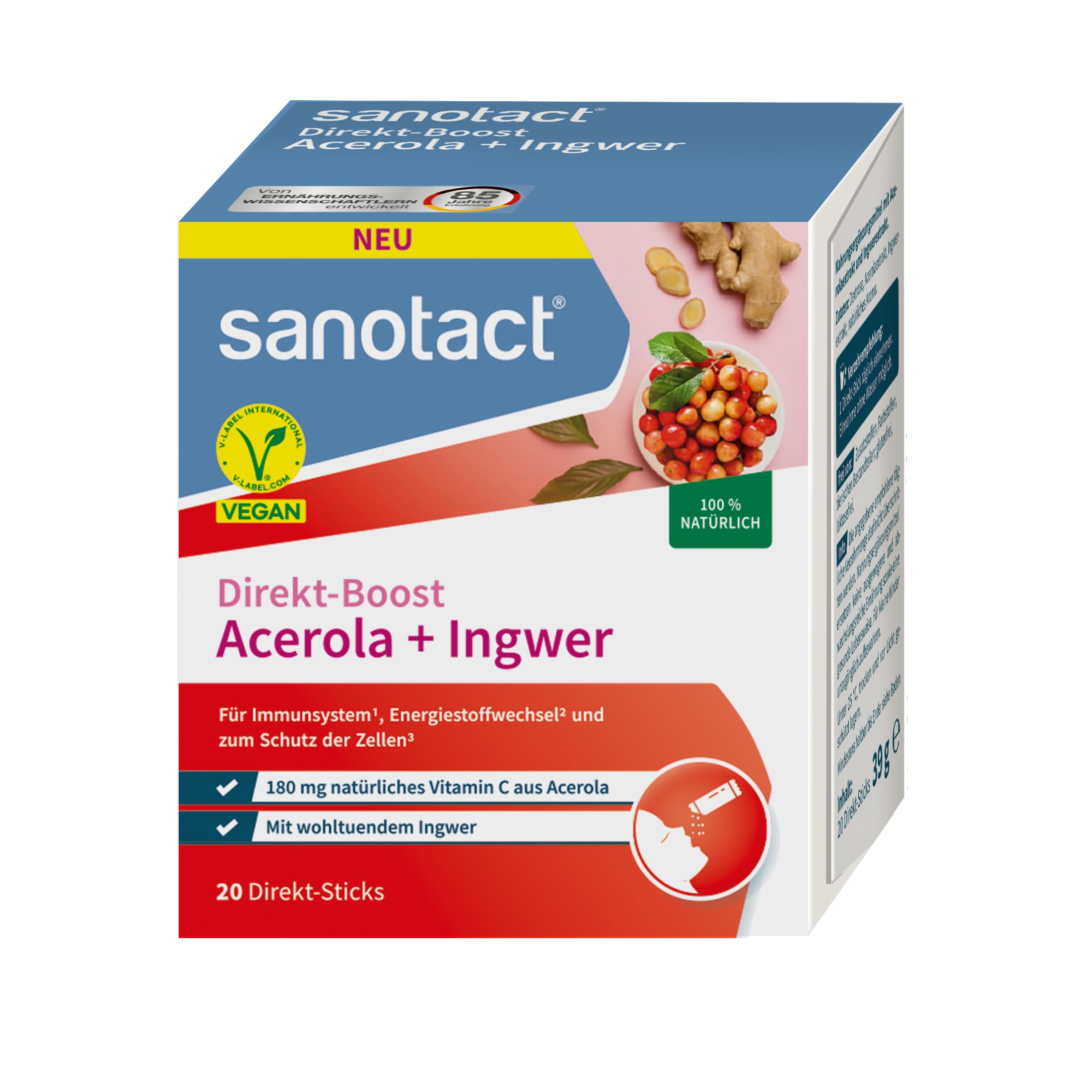 sanotact® Direkt-Boost Acerola + Ingwer | 20 Sticks | 180 mg natürliches Vitamin C aus Acerola | mit Ingwer-Extrakt | Immun­system & Zellschutz¹ | vegan, zuckerfrei, glutenfrei, laktosefrei
