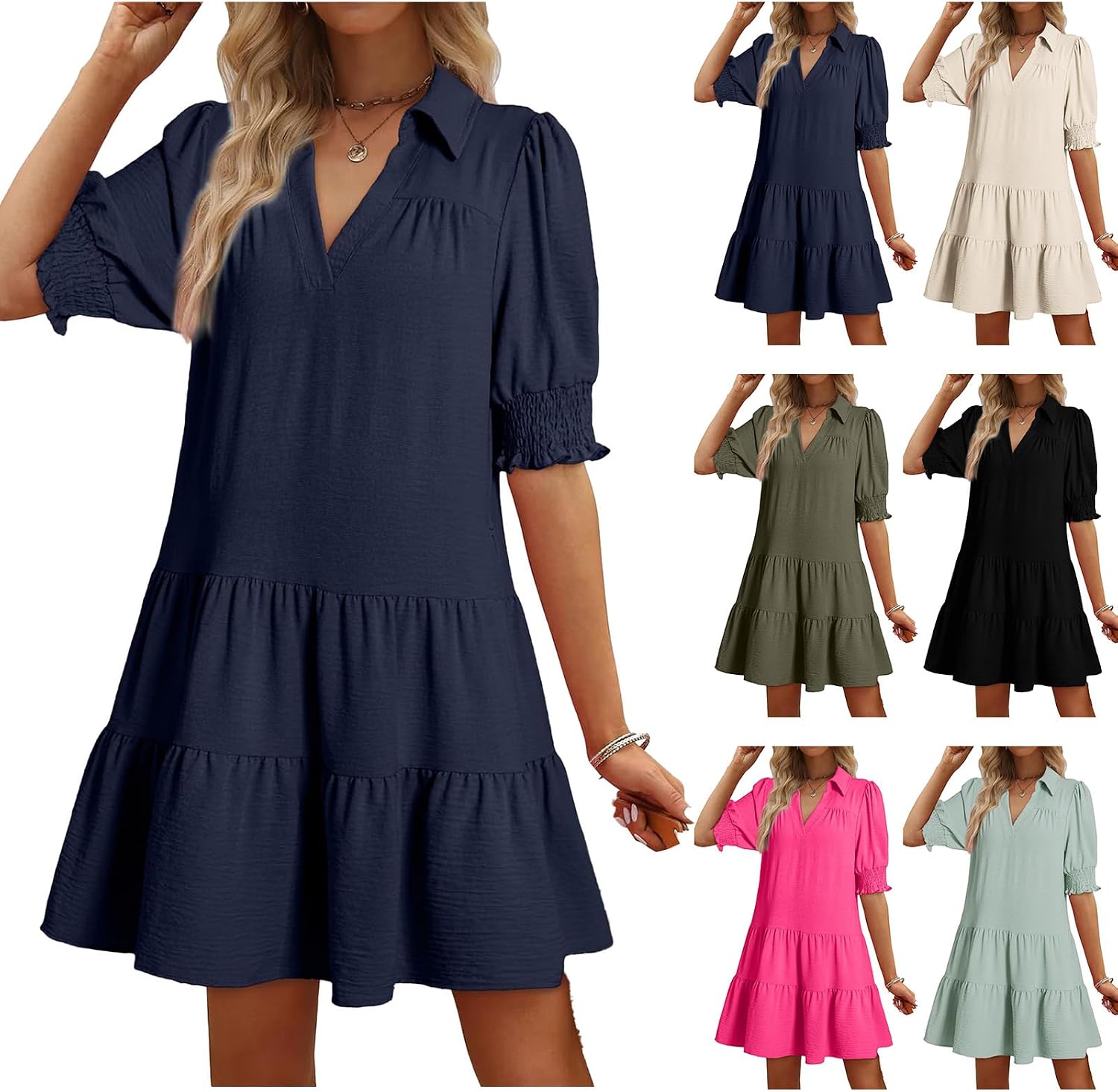 Casual Dresses for Women Lapel Collared V Neck Mid Sleeved Dresses Pleated Summer Midi Dress Beach Sundress