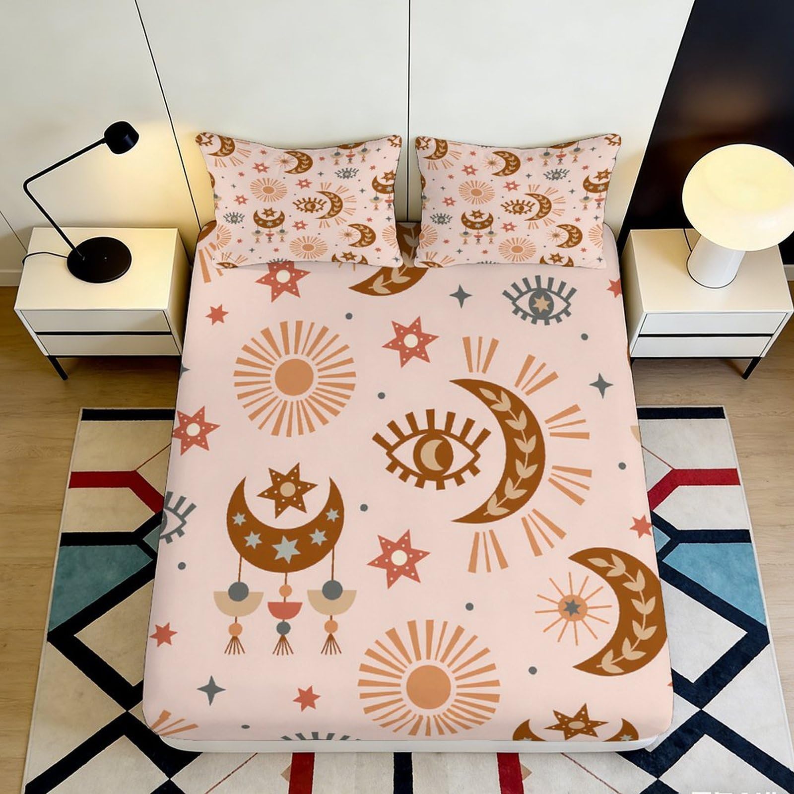 3D Printed Sun Moon Pattern Fitted Sheet Microfiber Deep Pocket Non-Slip Bedding Set Sun Moon Mattress Fitted Cover Washable All Wrap for Adults Teens Bedroom 120x200x25cm