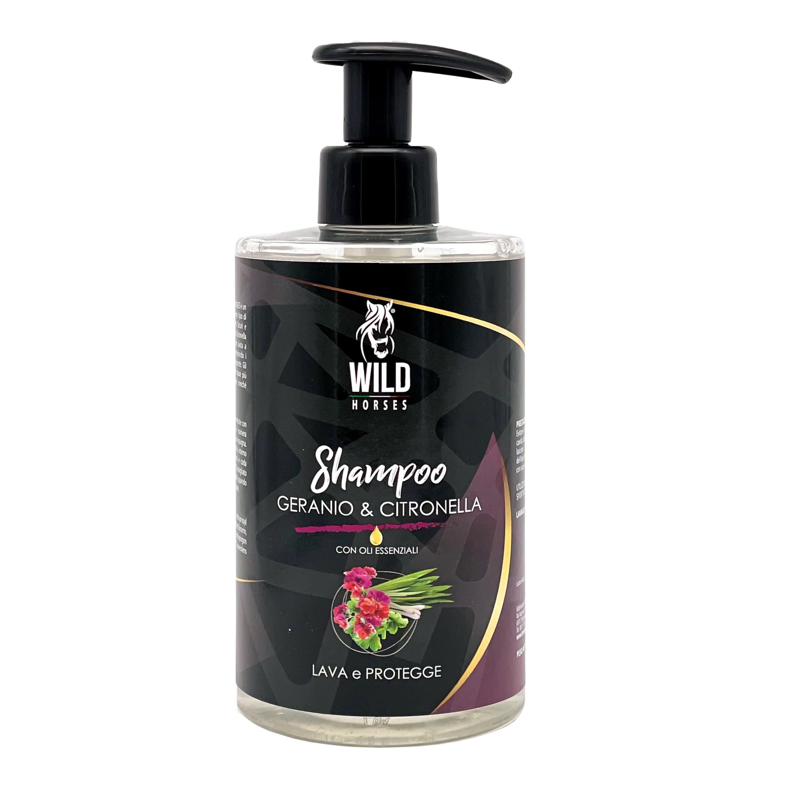 Wild Horses | Shampoo per Cavalli Geranio & Citronella con Oli Essenziali, Rinfresca e Protegge, Elimina i Cattivi Odori, Barriera Naturale, Adatto a Tutti i Tipi di Manto, 500ml, Made in Italy