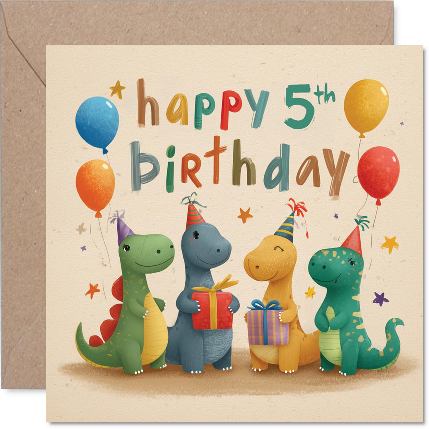 Playful 5th Birthday Card - Dinosaur Birthday Bash - Cheerful Dinos, Balloons and Party Hats in Bright Colours - 145mm Square, Envelope Included