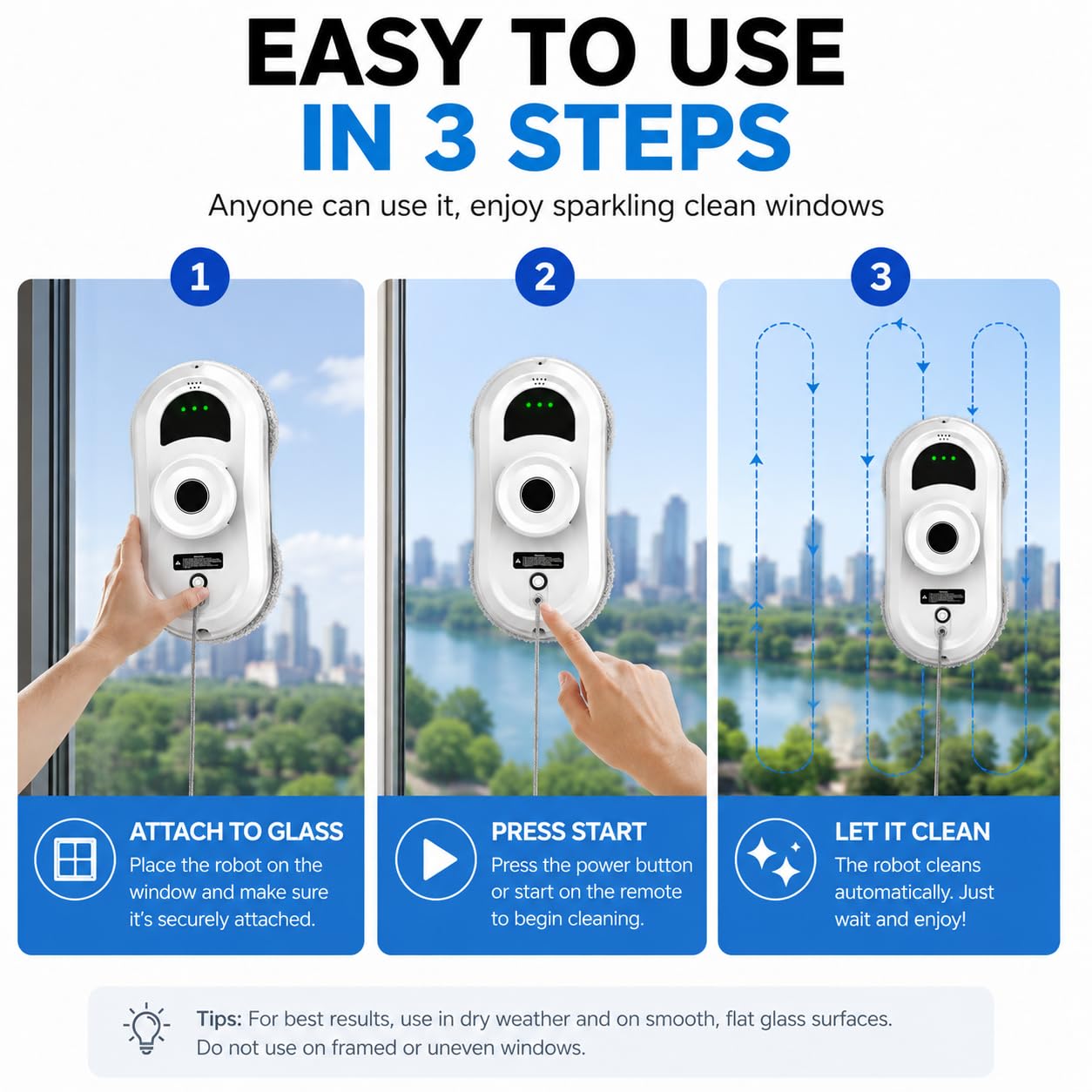 Robot limpiador de ventanas, succión de 5600 Pa, planificación inteligente de caminos, detección de bordes, sistema anticaídas, cuerda de seguridad de 4 m, ideal para ventanas altas, azulejos y