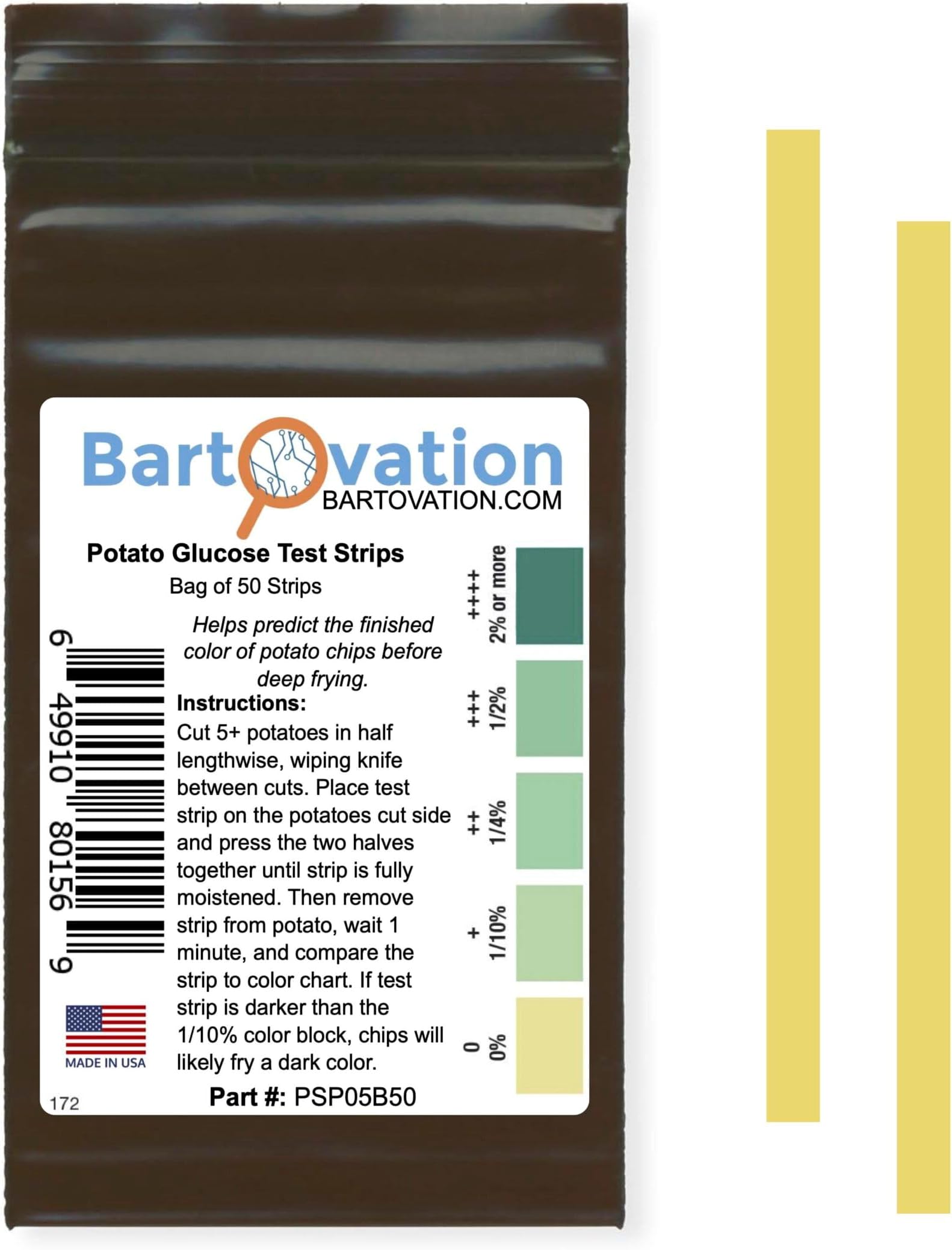 Potato Starch Glucose Test Paper, 0-2%, Bag of 50 Paper Strips | Determine how potato chips will fry before frying them, ideal for quality controlling potato production facilities