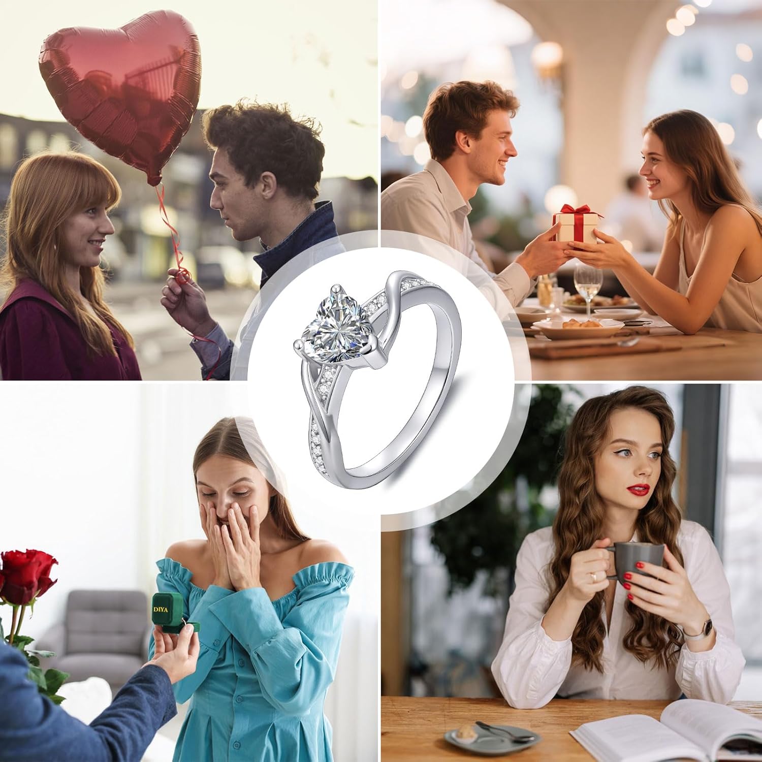 DIYA 1CT Heart Moissanite Wedding Rings for Women D Color VVS1 S925 Sterling Silver Heart Cut Moissanite Engagement Ring Eternity Promise Wedding Anniversary Christmas Jewelry Gift for Wife Size 6-9