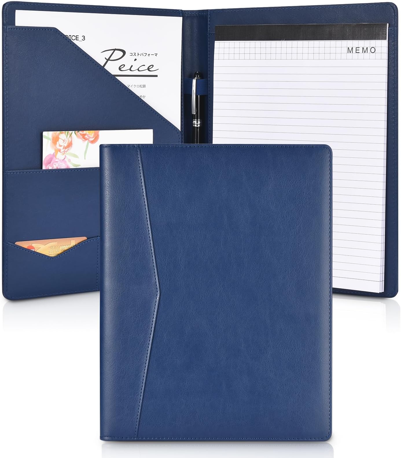Pacific Mailer Padfolio Portfolio Leather Binder Interview Legal Document Organizer with Business Card Holder and Letter Size Writing Pad [Blue, Piano Noir Faux Leather Matte Finish]