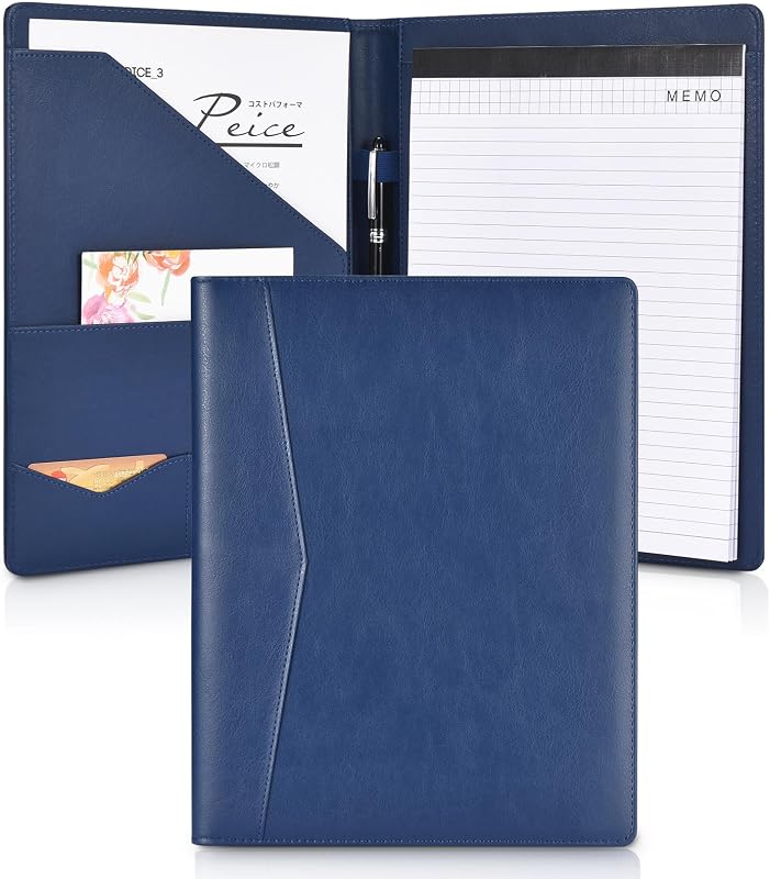 Padfolio Portfolio Leather Binder, Interview Legal Document Organizer, Business Card Holder Included Letter Sized Writing Pad [Blue, Piano Noir Faux Leather Matte Finish]