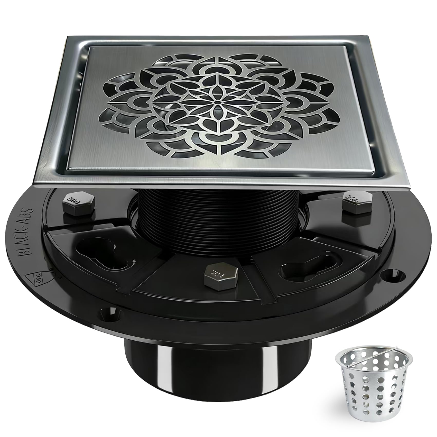 4 Inch Shower Drain, Square Shower Floor Drain Kit with Flange and Removable Cover Grate, AISI 304 Stainless Steel, Brushed Gold — view 9