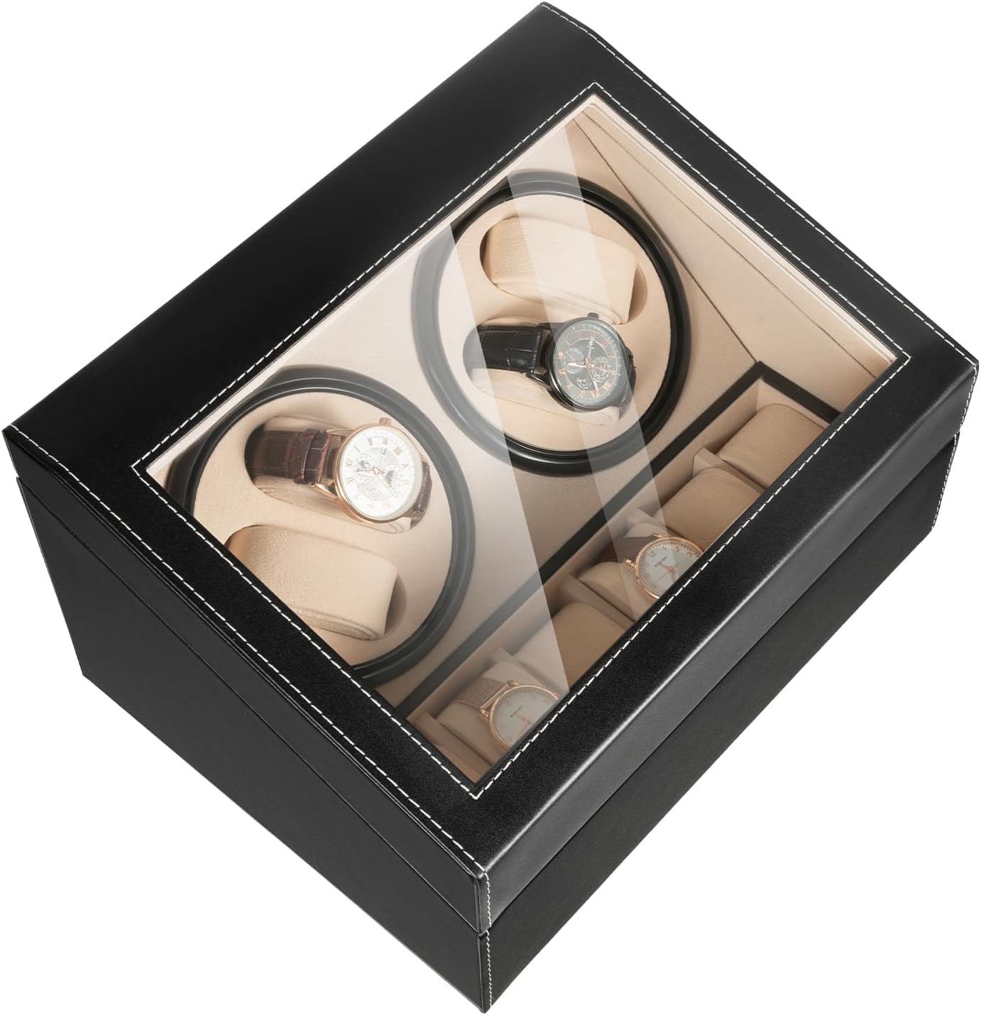 4+6 Watch Winder For Automatic Watches, Automatic Watch Winder Box With 4 Rotating Display Dials 6 Storage Compartments,Bidirectional Rotation, Adjustable Watch Pillows, Gift For Men Women - Image 1 of 9