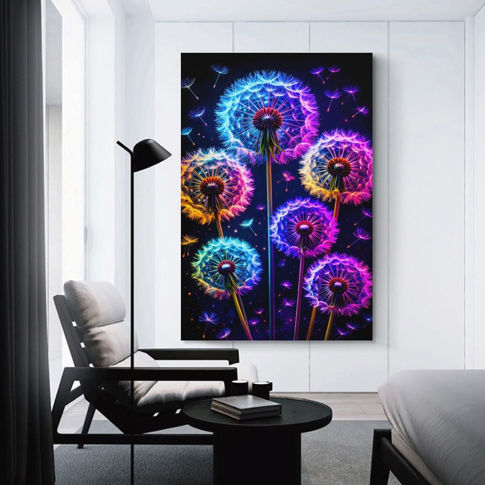 Junmoney Unframe-Style-15 Decorative Wall Artwork Neon Dandelions In Bloom, 08X12inch(20X30cm), For New Homes, Bedrooms Or Workspaces, Canvas Artwork With Gifting Potential
