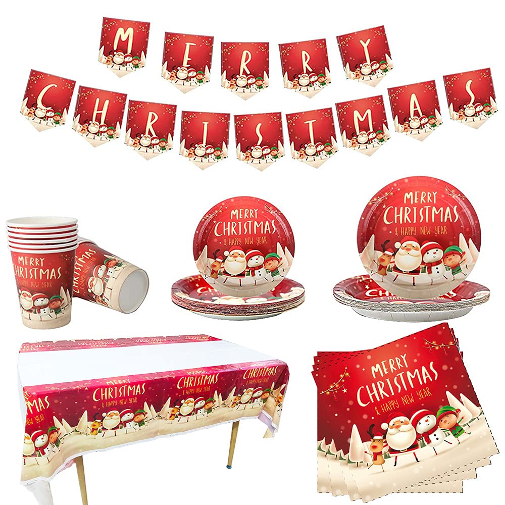 Christmas Tableware Set,16 Guests Christmas Decoration Paper Dinnerware Set with XmasBanner Tablecloth Napkin Xmas Paper Plates and Cups for Xmas Party Supplies Tableware Decorations